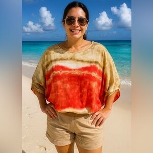 Chico's Beige Orange Roll Cuff Top Size 3  Sleeve Crew Neck Size XL